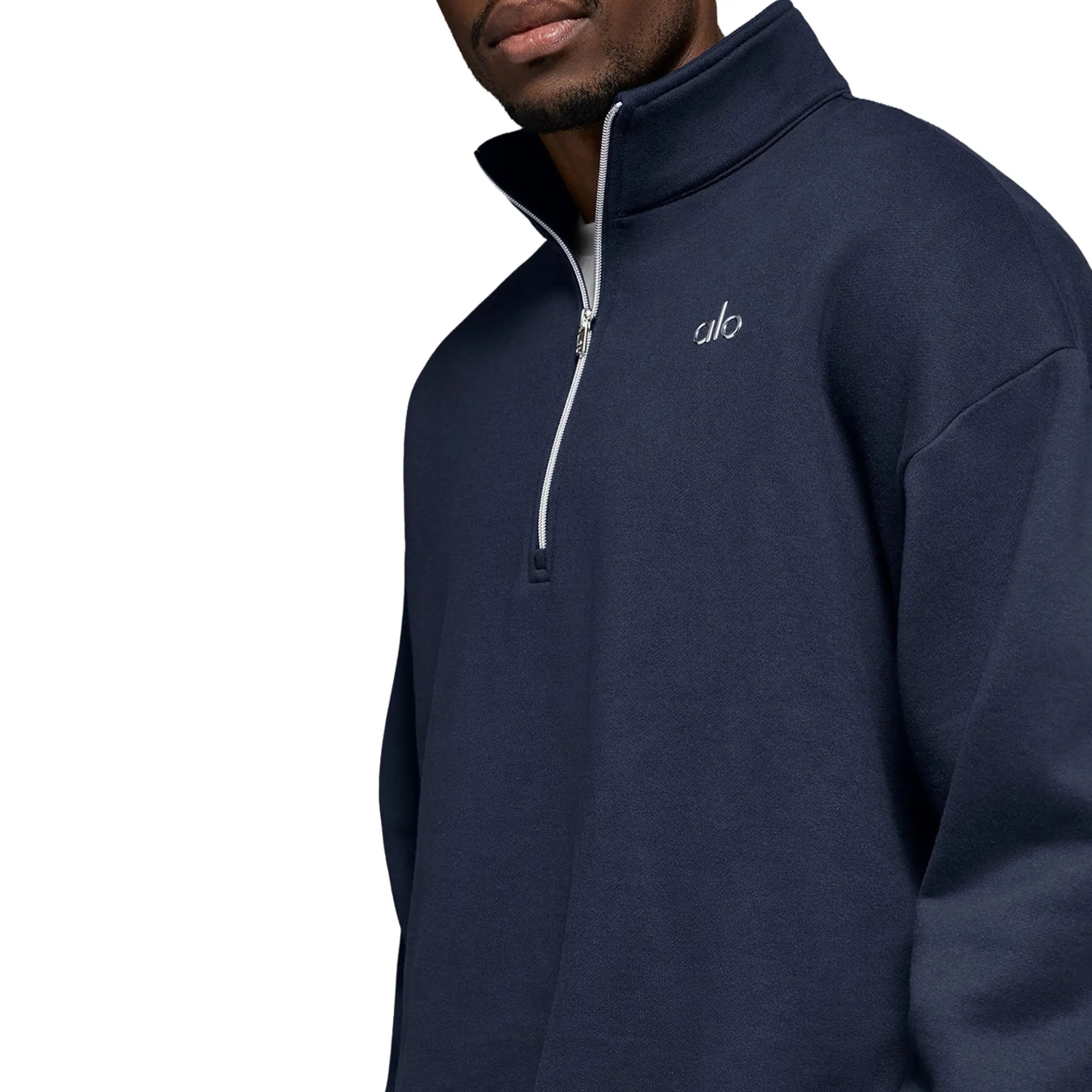 Front Side View of Alo Yoga Accolade 1/4 Zip Navy Sweatshirt